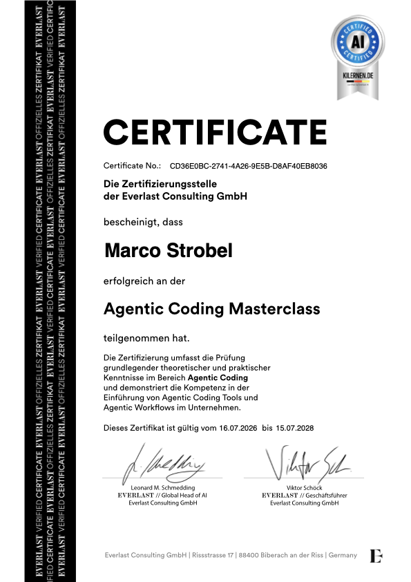 Vorschau des Zertifikats Agentic Coding Masterclass für Marco Strobel