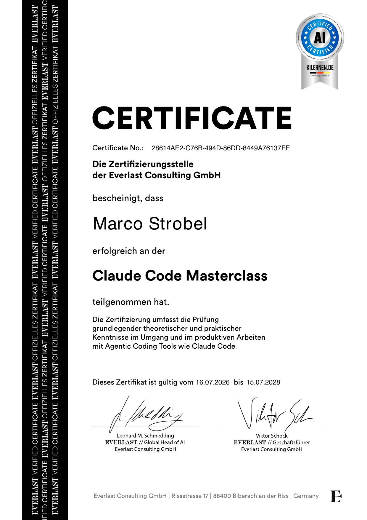 Vorschau des Zertifikats Claude Code Masterclass für Marco Strobel